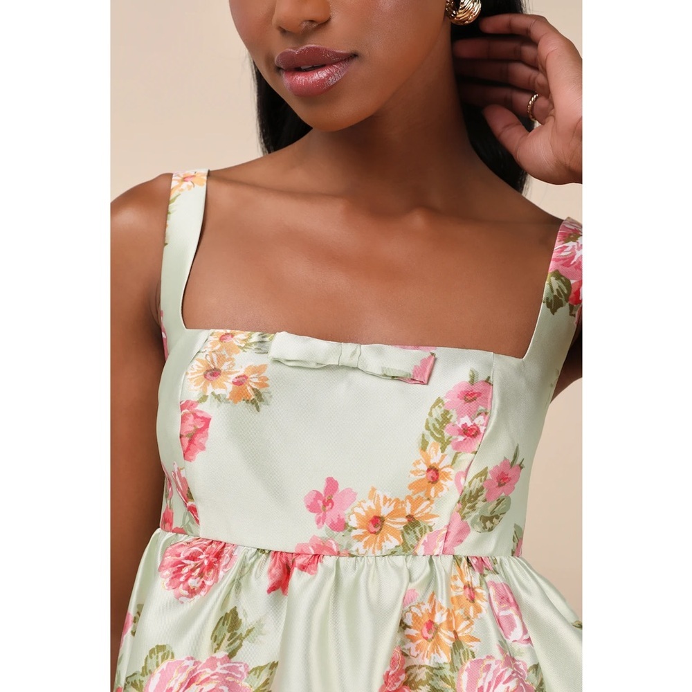 NWT Lulu’s Unbelievably Lovely Sage Floral Babydoll Empire Waist Mini Dress XL - Picture 6 of 12